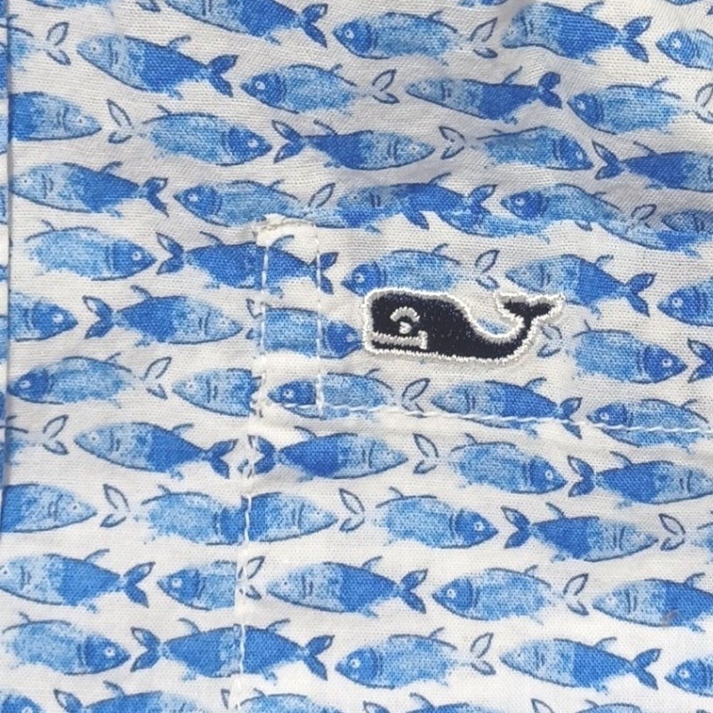 Vineyard Vines Boys XL Blue Fish Print Cotton Button Down Shirt Preppy Nautical